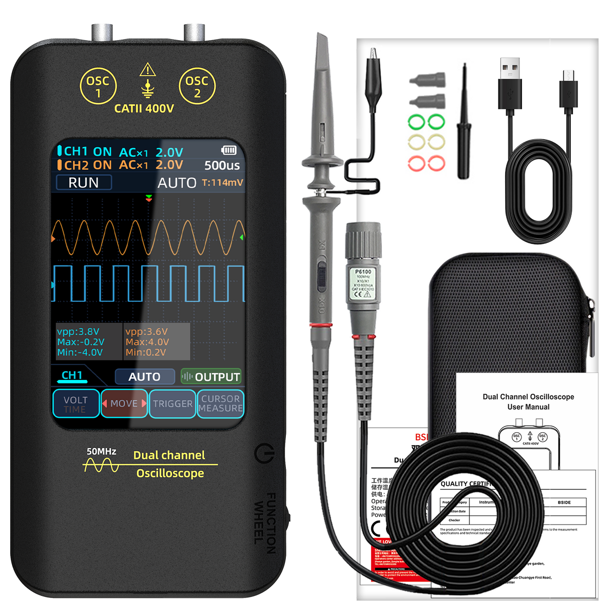 BSIDE O2X Handheld Touch Screen Oscilloscope (50MHz, 2 Channels)