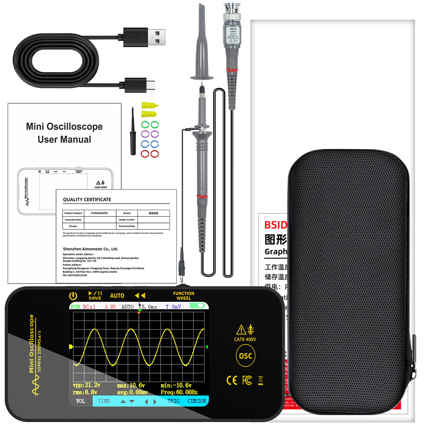 BSIDE OT5 Handheld Oscilloscope - 2.8" TFT Digital Oscilloscope Kit 50MHz Bandwidth 200MS/s High Sampling Rate Portabable