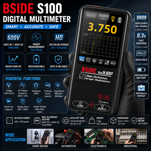 BSIDE S100 Digital Multimeter, 9999 Counts Smart Auto Ranging True RMS Voltmeter, HD Color Screen with Graph Display, Rechargeable Type-C Tester for AC/DC Voltage, Resistance, Continuity, Capacitance, NCV