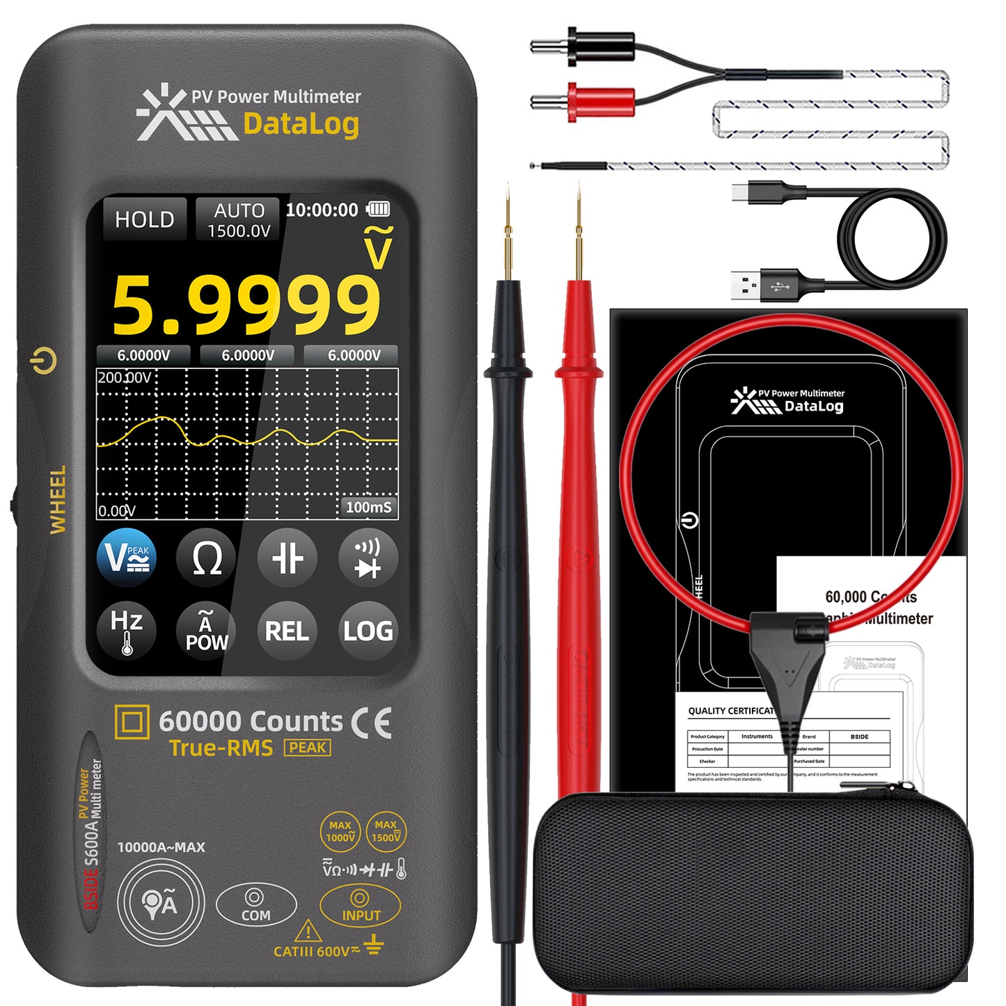 BSIDE S600 Professional Multimeter: 60,000-count power calculation, full-featured logging mode, 1500V AC 10000A, 3000mA recharge