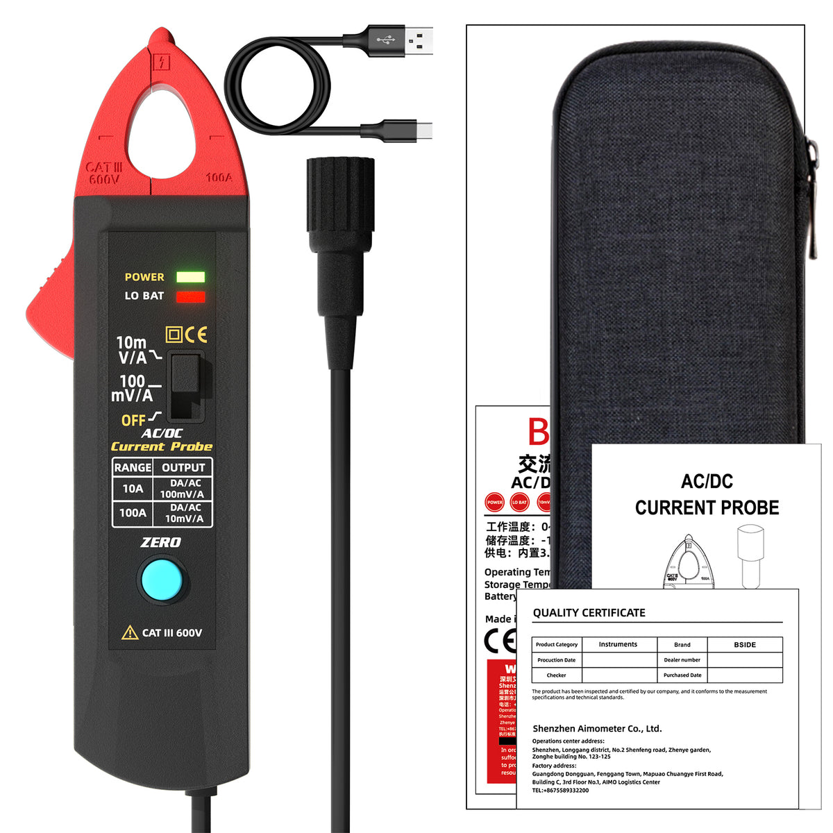BSIDE UP1 Oscilloscope Current Probe, AC/DC Current Clamp 100A, 10A/100A Dual Range, 10mV/A and 100mV/A Output, 20kHz AC Bandwidth, Rechargeable Li-Ion Battery, CAT III 600V