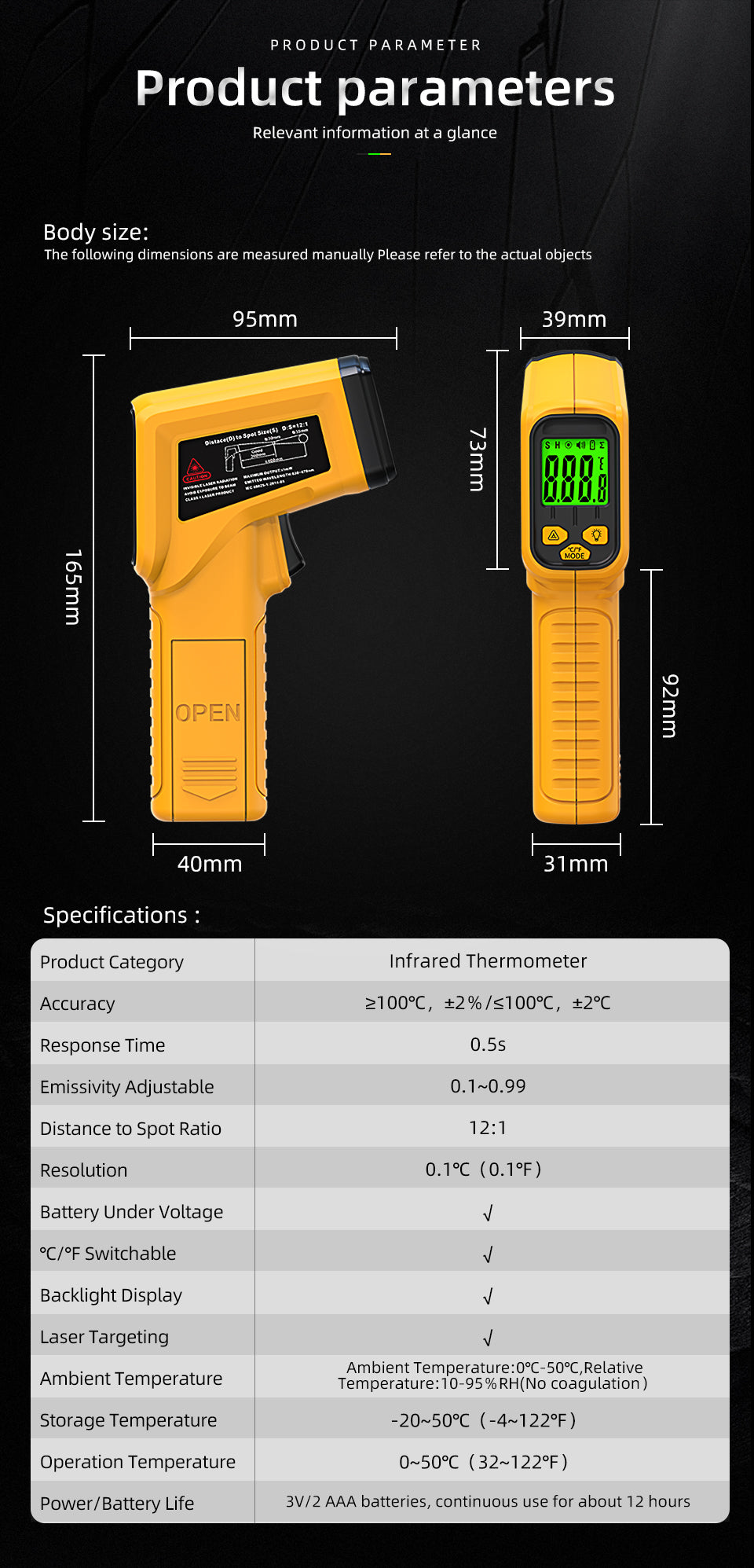 BSIDE Infrared Thermometer Laser Temperature Gun with Adjustable Emissivity for Cooking Pizza Oven Kitchen Automotive Griddle Engine Grill HVAC, Measures from -58℉ to 986℉