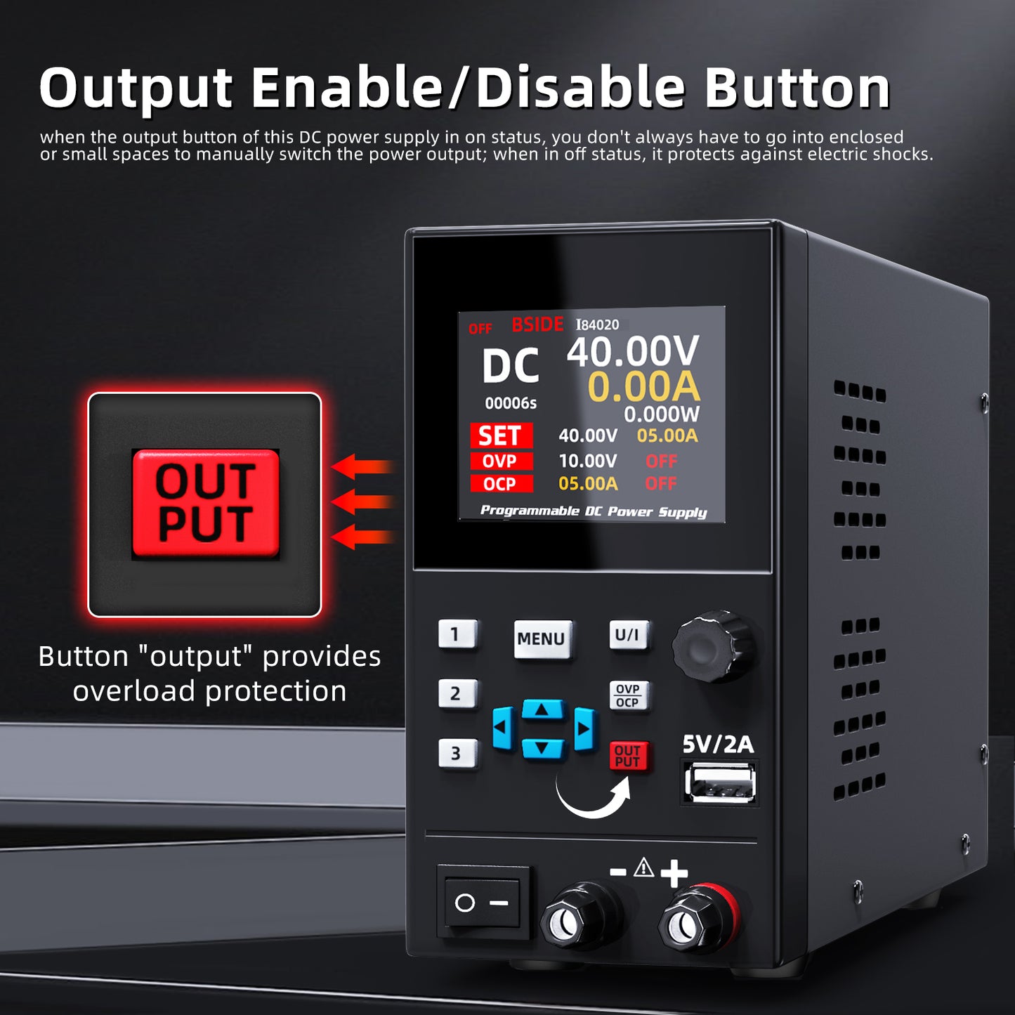 BSIDE 40V 20A DC Power Supply Variable, Programmable with Encoder Knob, Adjustable Switching Regulated Bench Power Supply, 4-Digits LED Display with Memory Storage, 5V/2A USB Ports and Output Button