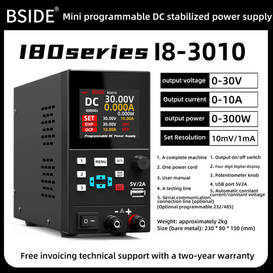 BSIDE DC Power Supply Programmable Adjustable Switching Regulated Lab Power Supply Small Variable Bench Power Supply with Encoder and USB DC Output Power Supply