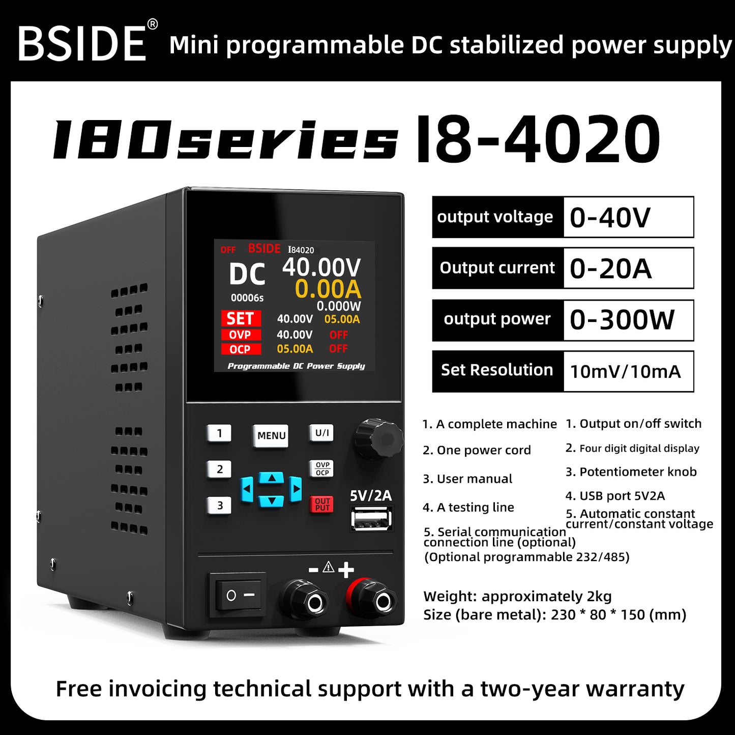 BSIDE 40V 20A DC Power Supply Variable, Programmable with Encoder Knob, Adjustable Switching Regulated Bench Power Supply, 4-Digits LED Display with Memory Storage, 5V/2A USB Ports and Output Button