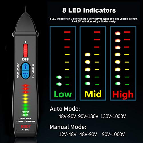 Bside Non-Contact Voltage Tester Dual Mode 12-1000V Electric Power Volt Detector Pen with 8 LED Indicators